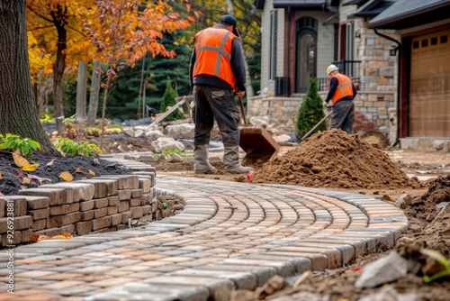 Home landscaping contractors constructing interlock driveway with paving stones at business site