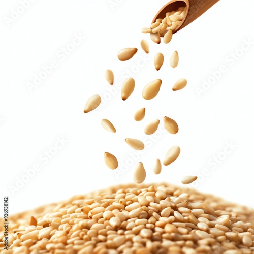 A single sesame seed is depicted in free fall, set against a white background, showcasing a full depth of field