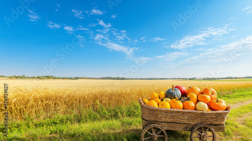 A rustic cart filled with a variety of pumpkins sits by a golden wheat field under a bright blue sky, autumn harvest