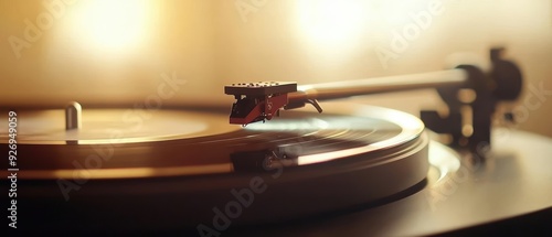 Close-up of a record player needle on a vinyl record, with a soft focus background.