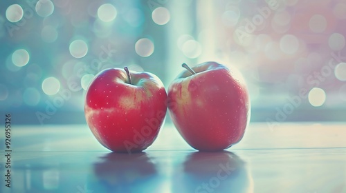 Two Red Apples on a Table with Bokeh Background