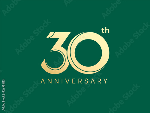 30th Anniversary luxury gold celebration with curved lines in Shapes number logo typography vector design twisted infinity concept. Thirty years anniversary gold number template for celebration event