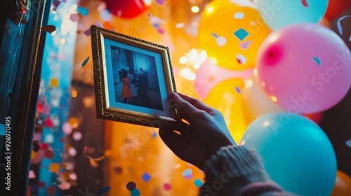 A nostalgic moment captured during a celebration, featuring balloons, confetti, and a framed photo being held by a person.