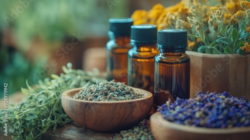 Herbal medicine setup with tinctures and dried herbs, close-up focus