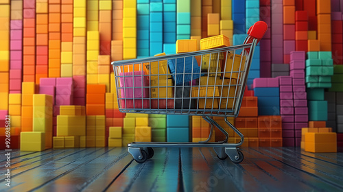 Shopping Spree Spectrum: A miniature shopping cart overflows with colorful blocks against a vibrant, pixelated backdrop, embodying the excitement of consumerism and the allure of a diverse marketplace