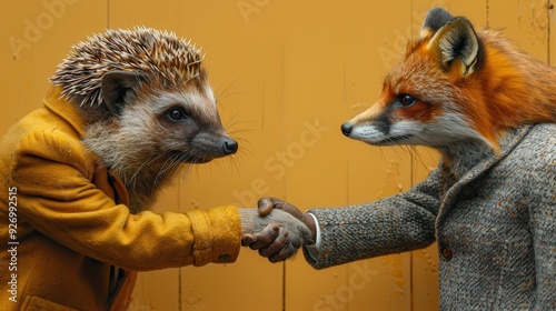 Surreal Encounter - Human with Hedgehog Head and Human with Fox Head Shaking Hands in Smart Casual Attire