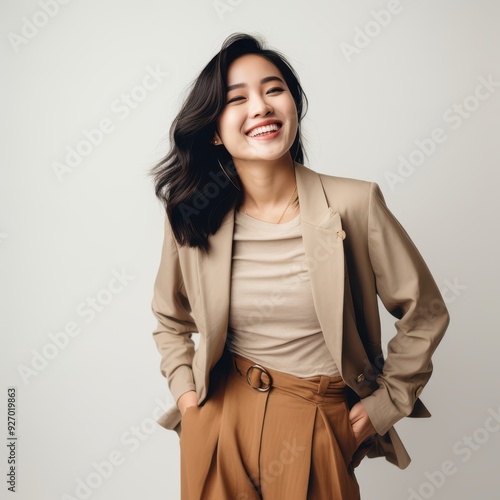 happy asian female 27 years old, earth tone color outfit,happy pose, standing