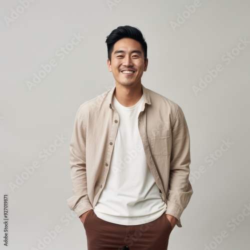 cinematic shot,happy asian male 27 years old, earth tone color outfit, standing