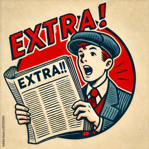 A vintage-style illustration of a paperboy shouting "Extra! Extra!" while holding up a newspaper