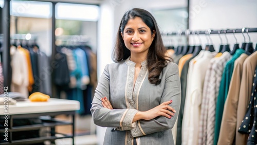 "Indian Entrepreneur in Clothing Boutique" - A portrait of an Indian businesswoman standing proudly in her clothing boutique, surrounded by garments. 