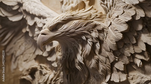 7. "A 3D wall art installation featuring a majestic animal, like a lion or eagle, carved in high relief