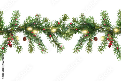 Seamless decorative Christmas border with coniferous branches and garlands of Christmas lights Isolated on white background