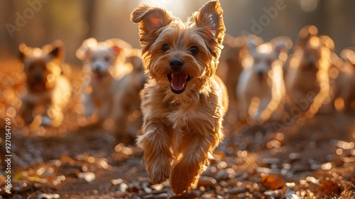 Playful Puppies Frolicking in Sunlit Meadow - Animal Photography