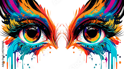 Closeup vector illustration of woman's face with dramatic eyelashes, focusing on colorful irises and intense gaze