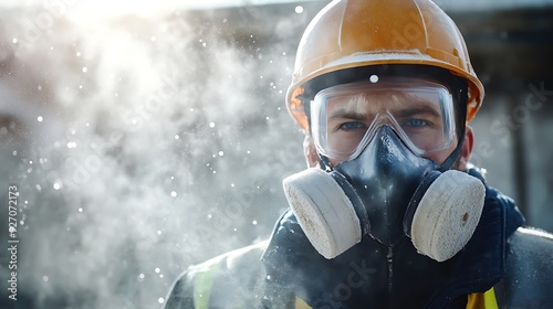 Construction worker wearing a respirator and safety goggles looks intently into the camera while standing in a cloud of dust.