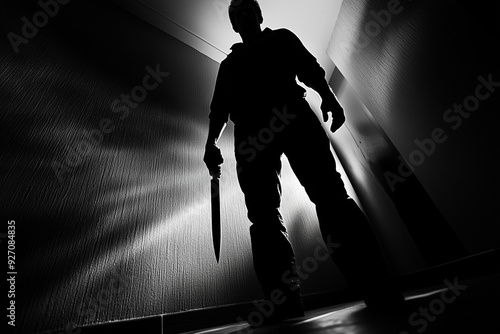 A man holding a knife acts as a serial killer silhouette 