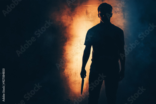 A man holding a knife acts as a serial killer silhouette 