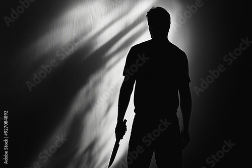 A man holding a knife acts as a serial killer silhouette 