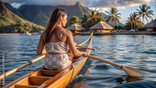 beach sport tourist woman paddling in outrigger