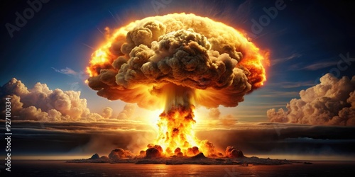 Dramatic rendered image of a nuclear fission explosion with high contrast cinematic aesthetic, nuclear, fission