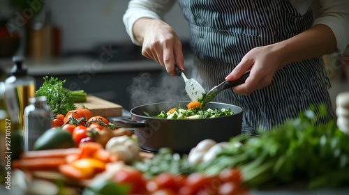 Gesunde Küche: Person bereitet eine nahrhafte Mahlzeit in einer modernen Küche zu