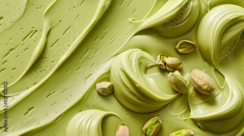 A close-up shot of smooth, green pistachio spread with scattered whole and broken pistachios. The spread has a creamy texture and a bright green hue, highlighting the natural color of the pistachios. 