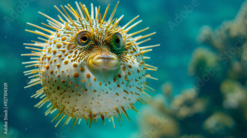 A close-up of a pufferfish with its spines extended, floating cautiously in the water