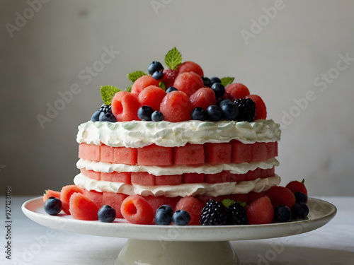 Watermelon Cake: A unique watermelon cake layered with whipped cream and topped with fresh berries, served on a white cake stand.