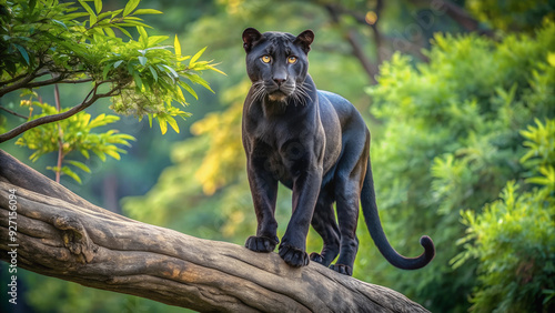  A black panther stands majestically on a high tree branch, proudly surveying the territory.