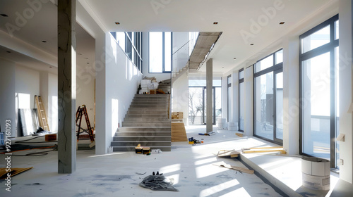 Bright daylight filters in as the modern house takes shape, showcasing the staircase surrounded by construction tools and materials