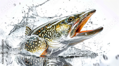 A fierce pike fish leaps from the water, creating vibrant splashes against a stark white background, showcasing its striking features and dynamic motion