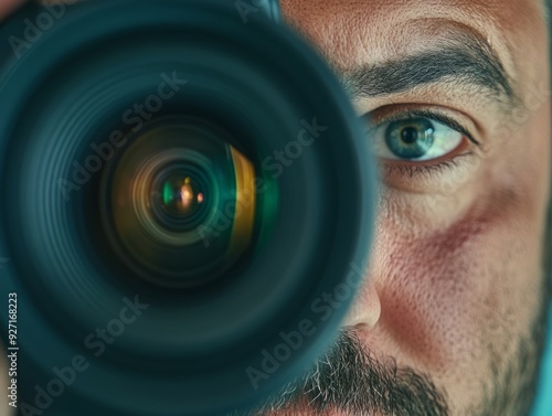 Close-up of a man's eye peering through a camera lens.