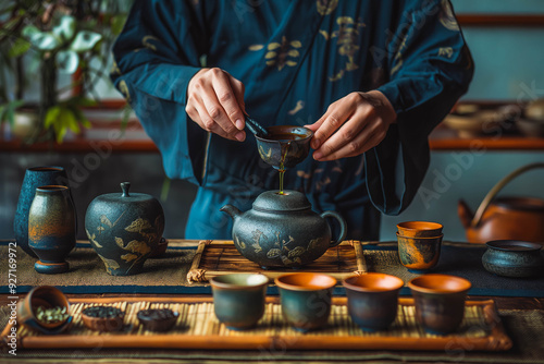 Tea sommelier conducting a traditional tea ceremony.