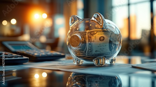 A glass piggy bank filled with cash and coins sits on an office desk, symbolizing savings, financial planning, and investments.