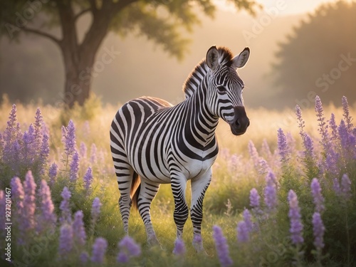 In a tranquil meadow, a diminutive and adorable zebra