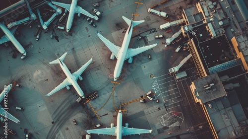 Aerial view of a bustling airport with several airplanes lined up at terminals, showcasing the excitement and complexity of travel.