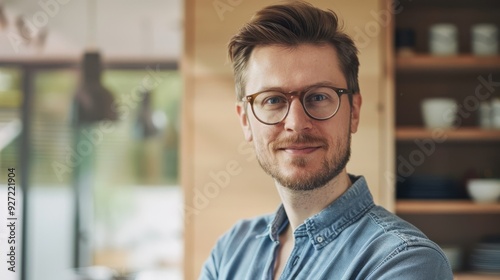 A young man in glasses and a denim shirt poses confidently in a stylish, modern indoor setting, exuding charisma and professionalism.