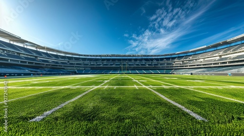 A wide shot of an empty football stadium with green turf, white lines, and blue seats. The sky is clear and blue with some white clouds. The scene symbolizes the potential for great games, the anticip