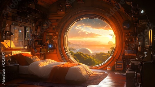 A bedroom aboard a space station, featuring a large round window showcasing a view of space with stars and a planet below.