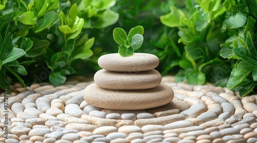 A serene arrangement of stacked stones and vibrant green leaves symbolizing balance, growth, and tranquility in nature.