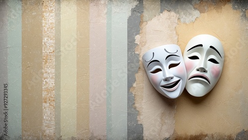 Two masks express joy and sorrow, placed on a textured wall backdrop