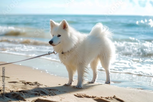 Walk The Dog. Eskimo Dog Enjoying Walk Along Sunny Beach with Blue Water