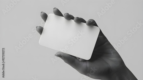 A modern business card design, featuring a plain white card with rounded corners held by a smooth, outstretched hand.