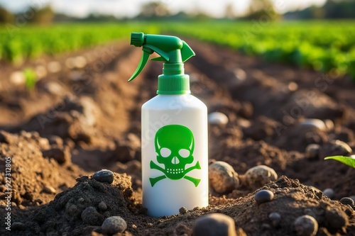 toxic green pesticide and herbicide spray bottle on farm soil