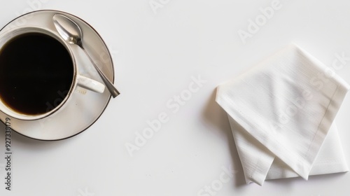 Coffee cup and folded napkin on white table with space for text