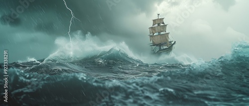 A dramatic seascape featuring a sailing ship battling towering waves and a fierce storm, lightning illuminating the ominous sky.