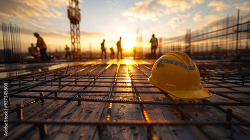 Early Construction Stages at Sunset with Hard Hat on Rebar - Labor Day 