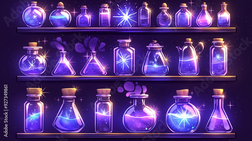 Highly detailed mobile game assets of a potion bottle, crafted from translucent, multi-colored glass, filled with a luminous, swirling liquid in shades of blue and purple.