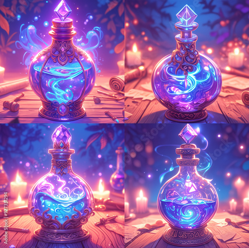 Elaborate and detailed mobile game assets showcasing a potion bottle crafted from clear, iridescent glass, with a vibrant, swirling liquid inside that glows in purple and blue hues.