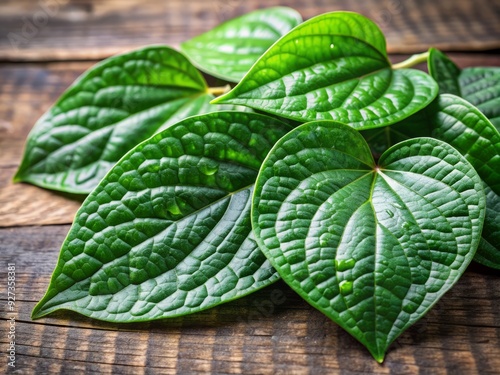 Fresh green betel leaves with water droplets on a wooden background, highlighting their natural medicinal properties for female health and menstrual relief.